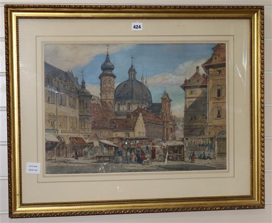 19th century English School, watercolour, Continental market place 38 x 55cm.
